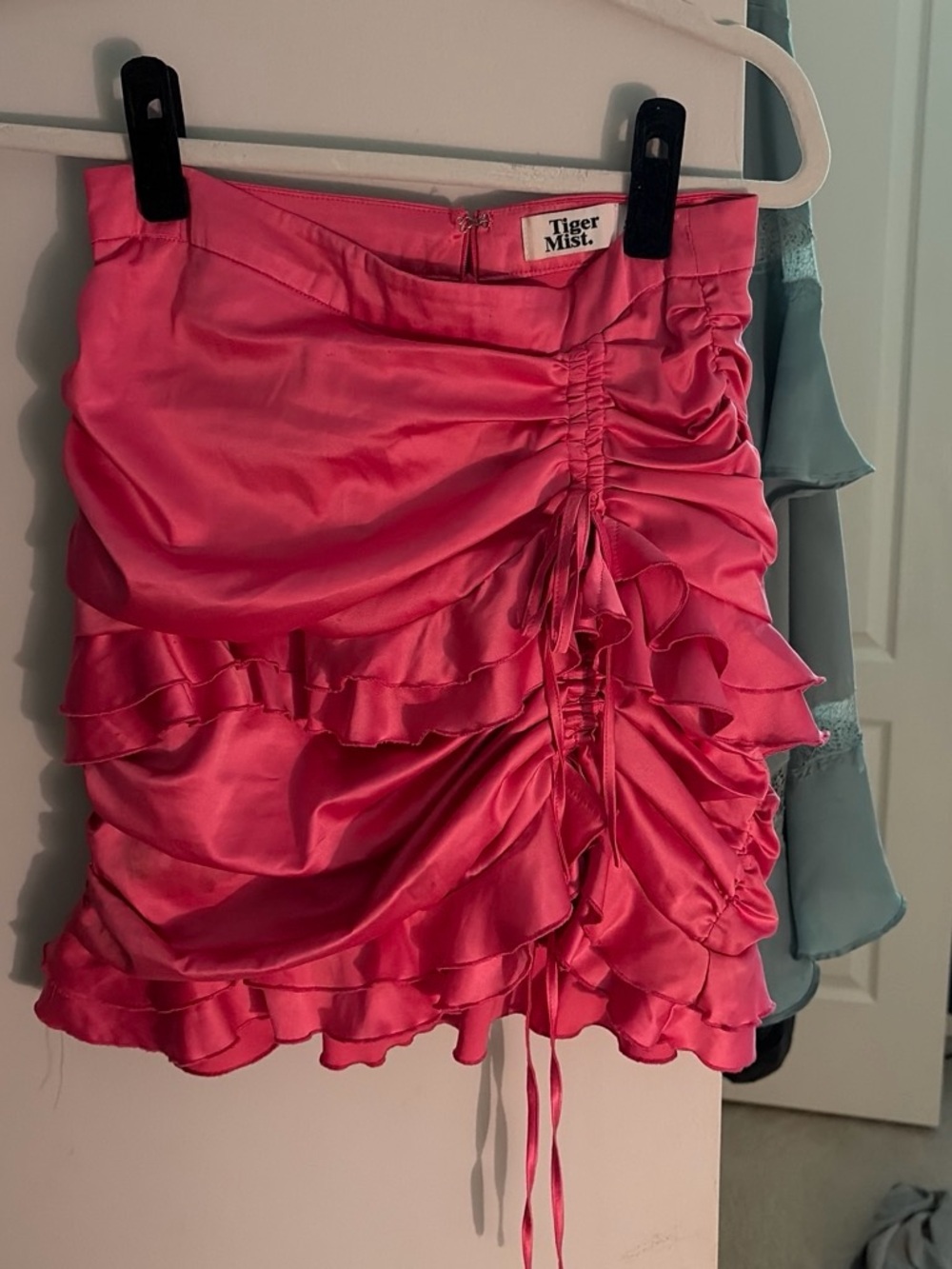 Tiger Mist Hot Pink Satin Ruched Ruffle Mini Skirt